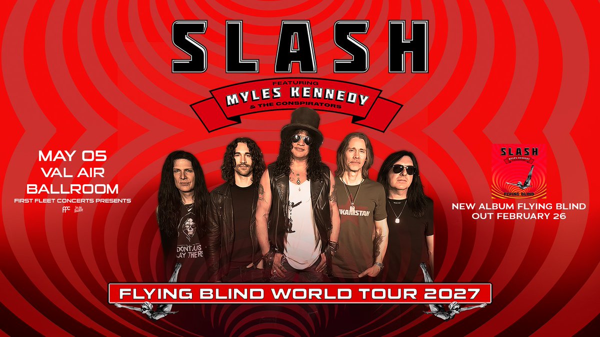 ValAirBallroom's tweet photo. Des Moines! 🎸 Do not miss @Slash featuring @MylesKennedy and The Conspirators when they bring the Flying Blind World Tour 2027 to Val Air Ballroom for one night only on May 5th! Presale happening now!

Local presale code: SLASHVAB27
🎫 https://t.co/O8bB7Xtrr8
Code valid until 10:00 PM Thursday, October 8th.
