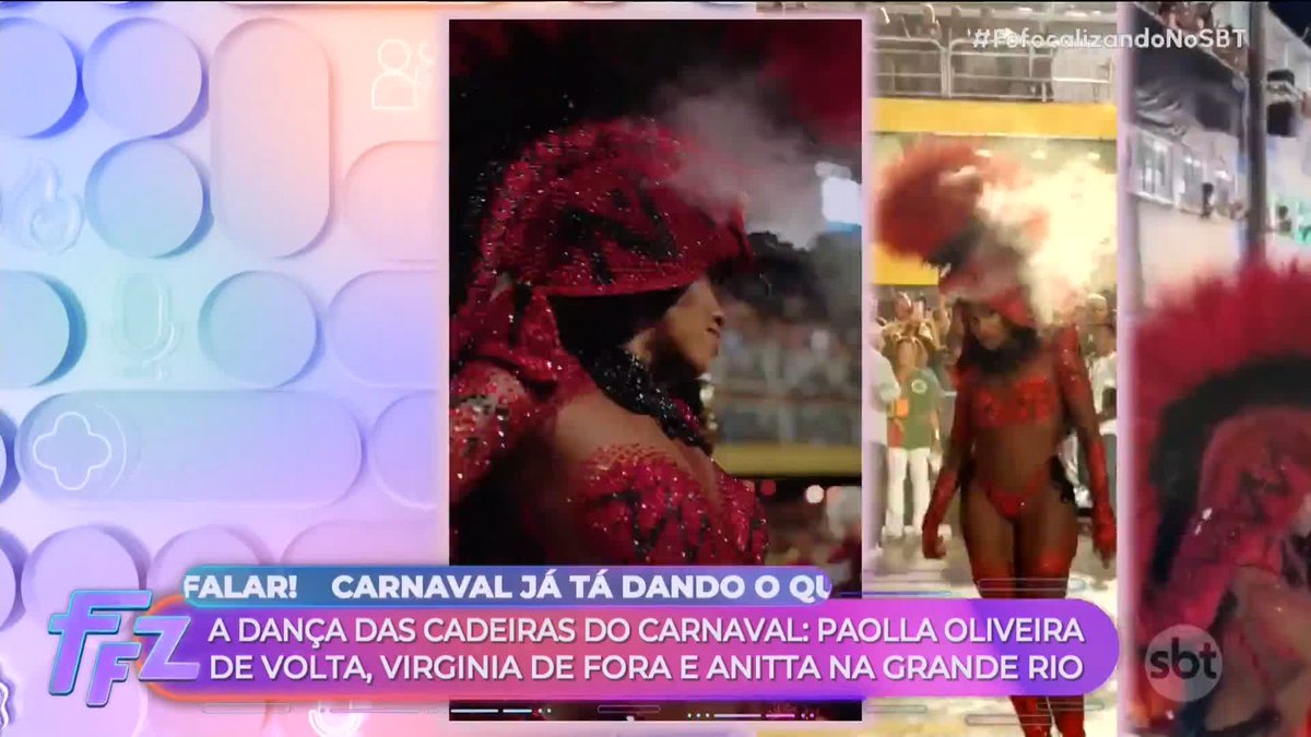 The image shows a television broadcast from SBT's "Fofocalizando" program displaying footage of Carnaval preparations, with the headline reading "CARNAVAL JÁ TÁ DANDO O QUE FALAR! A DANÇA DAS CADEIRAS DO CARNAVAL: PAOLLA OLIVEIRA DE VOLTA, VIRGINIA DE FORA E ANITTA NA GRANDE RIO." The clip features performers in elaborate red and feathered costumes associated with the Grande Rio samba school.