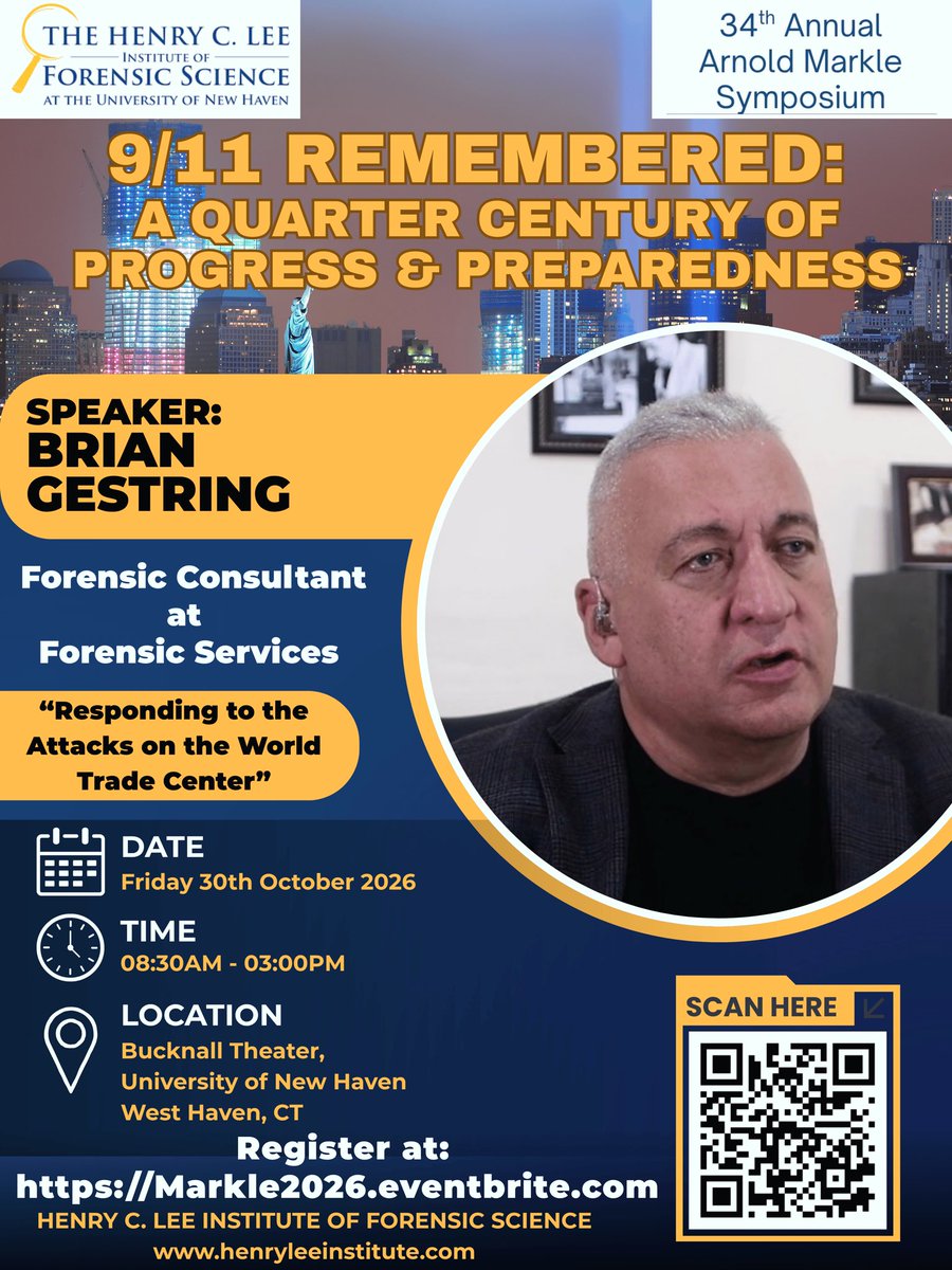 LeeForensicInst's tweet photo. SPEAKER SPOTLIGHT:
Brian Gestring, consultant with Forensic Services.

🔗 https://t.co/FqGZ6BQBLw
🗓️ October 30, 2026
📍 Bucknall Theater, @unewhaven 
🎟️ General Admission $100 | UNH Students $10 (promo code)

#ForensicScience #HomelandSecurity #Preparedness #EmergencyResponse https://t.co/DTz8xvInw8