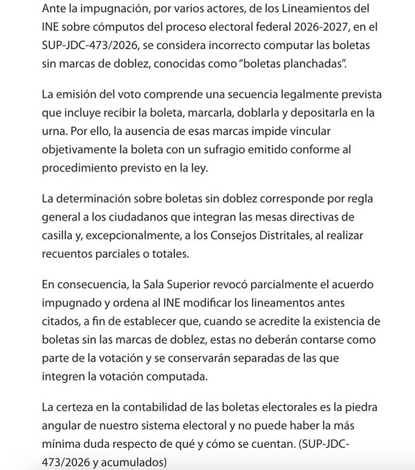 monicagarzag's tweet photo. El TEPJF ordenó al INE ajustar los lineamientos para los cómputos del proceso electoral de 2027.
Las boletas sin marcas de doblez, no se contabilizarán como voto. 
Así explicó el magistrado Felipe de la Mata las “boletas planchas”. https://t.co/DS3kogJvYf https://t.co/eoEHGDrxlD