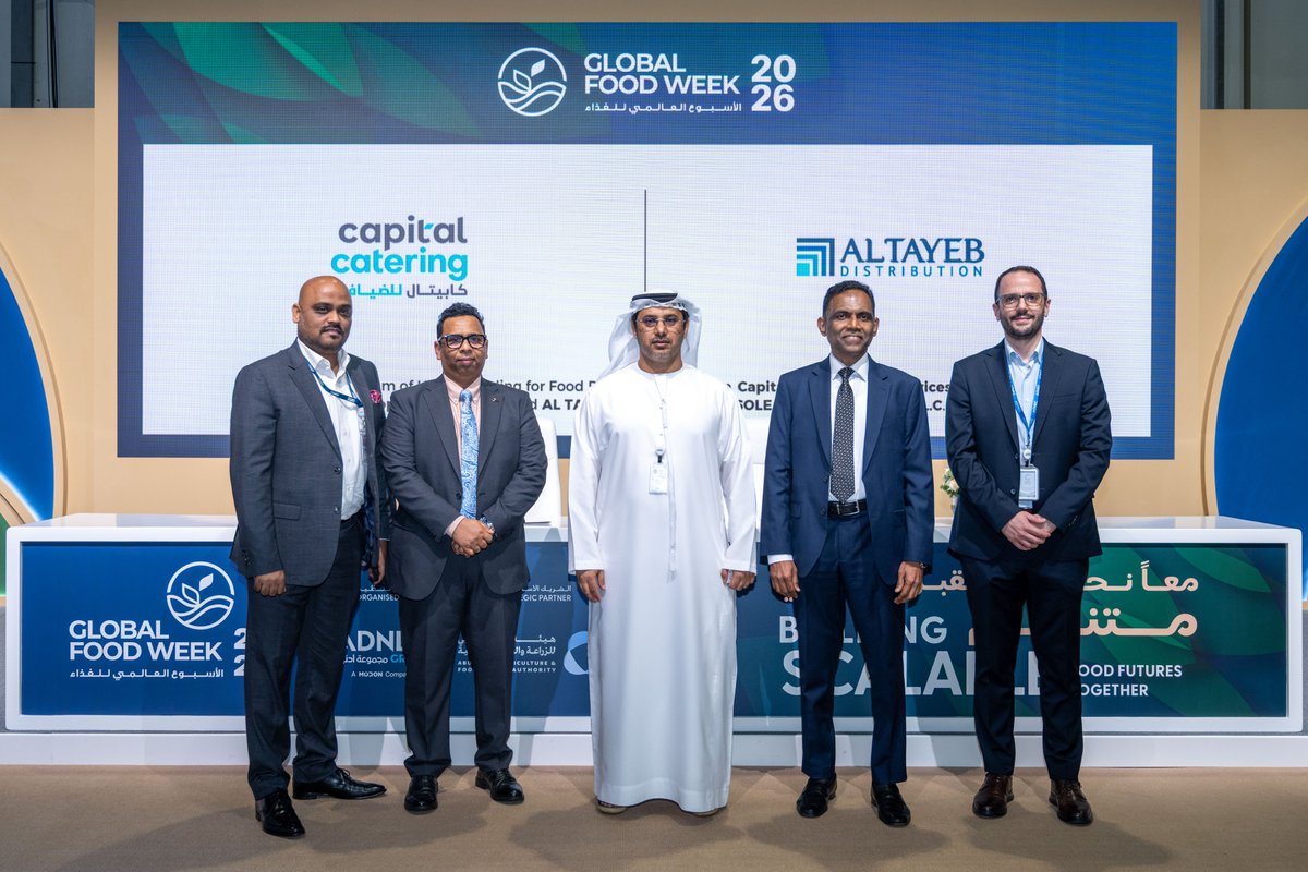 GFoodWeek's tweet photo. تم توقيع مذكرة تفاهم بين Al Tayeb Distribution وكابيتال للضيافة خلال الأسبوع العالمي للغذاء 2026، بهدف تعزيز التعاون المشترك وخلق فرص واعدة في قطاع الأغذية.

A Memorandum of Understanding was signed between Al Tayeb Distribution and Capital Catering at Global Food Week 2026, strengthening collaboration and creating new opportunities across the food sector.