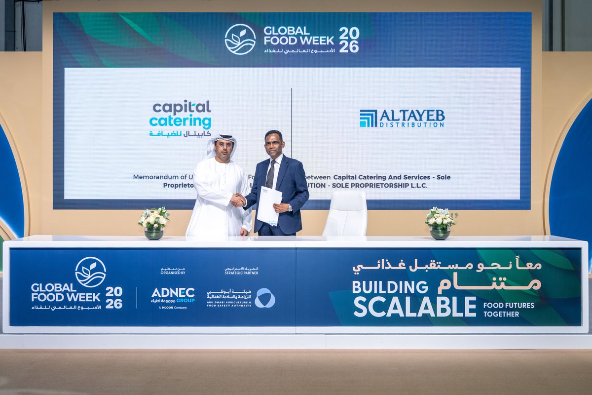 GFoodWeek's tweet photo. تم توقيع مذكرة تفاهم بين Al Tayeb Distribution وكابيتال للضيافة خلال الأسبوع العالمي للغذاء 2026، بهدف تعزيز التعاون المشترك وخلق فرص واعدة في قطاع الأغذية.

A Memorandum of Understanding was signed between Al Tayeb Distribution and Capital Catering at Global Food Week 2026, strengthening collaboration and creating new opportunities across the food sector.