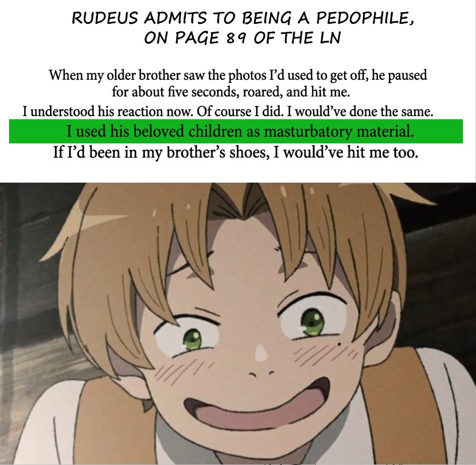 Mi_4915's tweet photo. Let’s look at the actual text of your own Light Novels, since you clearly haven't read them Subaru's worst crime is being a cringe teenager. Rudeus is literally a sex offender who admits he got off to his nieces. Show me the Subaru equivalent to this. I’ll wait. Here's a page. https://t.co/wiBeKKgnLE