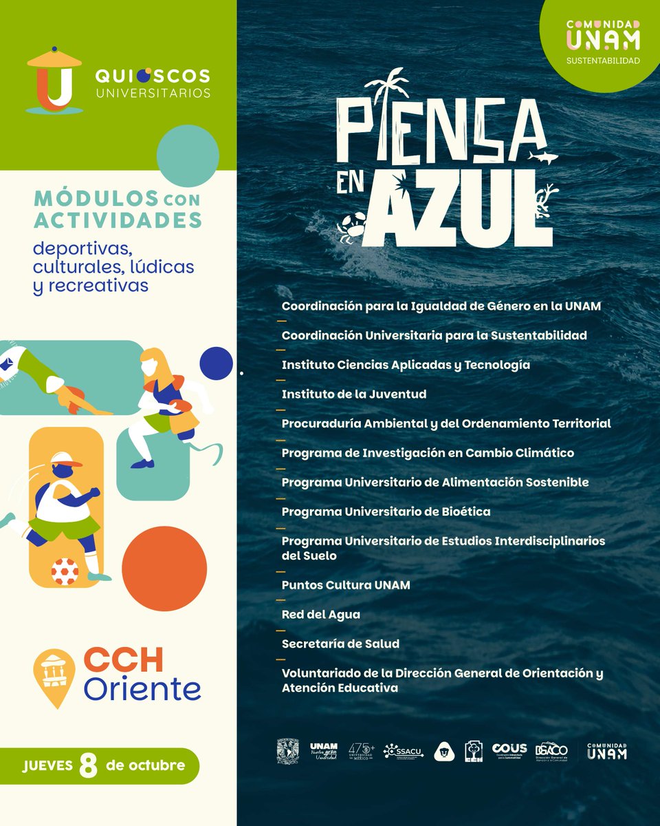Comunidad_UNAM's tweet photo. #ComunidadUNAM de CCH Oriente, nos vemos mañana en los #QuioscosUniversitarios
Con #ComunidadSustentable tendremos la proyección de Deep Rising y una actividad creativa de murales, en el marco del Día del Llamado a la Tierra 2026.
@cousunam @IgualdadUnam @InjuveCDMX @bioeticaunam https://t.co/T7GCpnb7iq