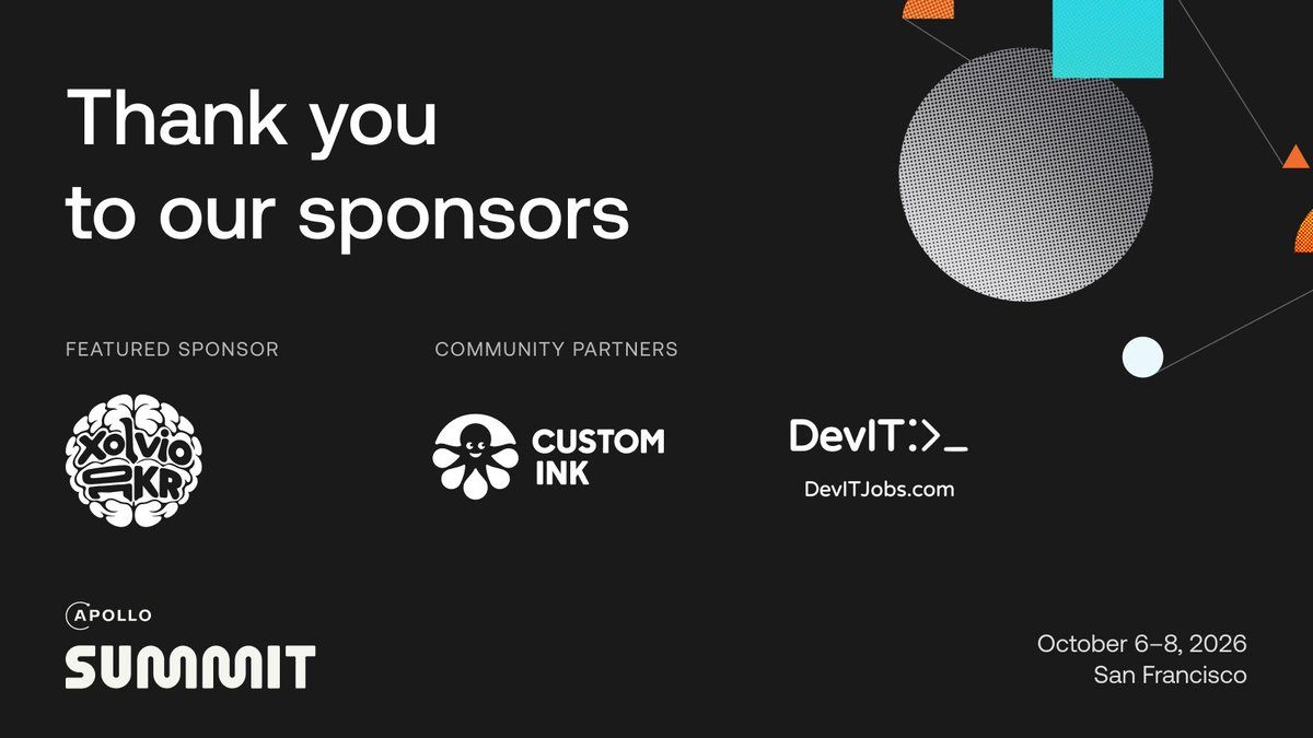 apollographql's tweet photo. Thank you to our Apollo Summit 2026 sponsors. @xolvio and #10kR joined us as featured sponsors, alongside community partners @customink and @DevITJobs.

Your support makes this event possible, and gives all of us a place to share ideas, solve problems, and build what's next together.

#ApolloSummit #GraphQL #MCP