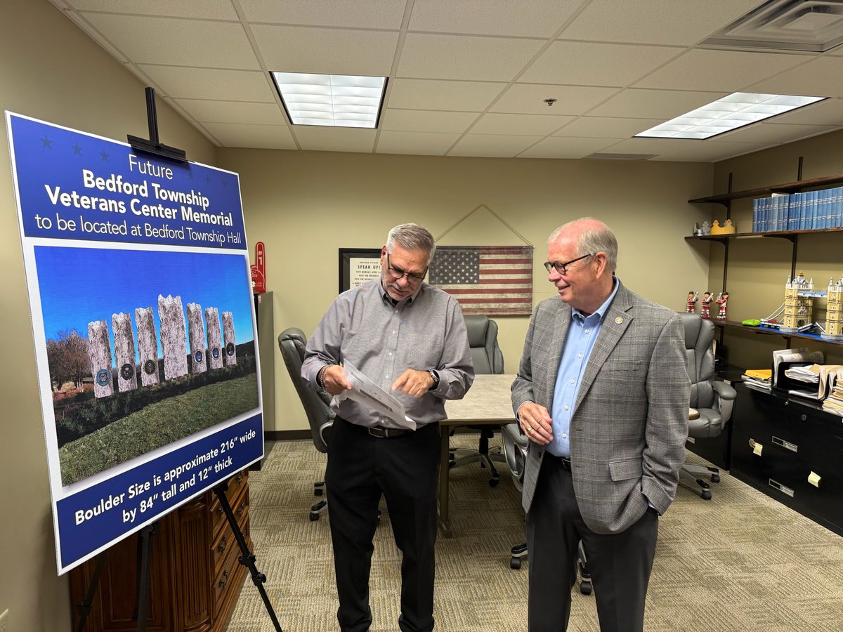 RepWalberg's tweet photo. I was glad to visit Bedford Township to hear more about their plans to build a veterans memorial and provide an update on my efforts to ensure our nation's veterans have access to the support and services they deserve. Our nation's veterans have sacrificed so much for our country, and I am dedicated to providing them with much-needed economic relief.
