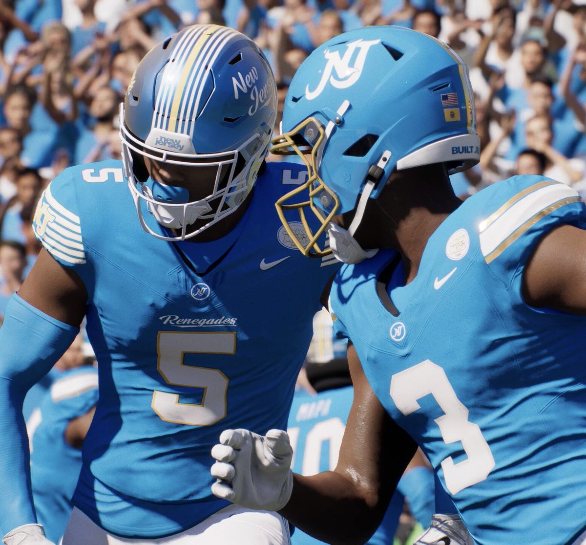 Aiizuna's tweet photo. NEW JERSEY RENEGADES IS OUT🗣️

Made using the New Jersey Flag Colors and elements!😮‍💨

The Classic “New Jersey” on the helmet is just🔥

Username:ClassicMBA

#teambuilder #cfb27 #collegefootball27 #ncaa27 https://t.co/435FpEgNW6