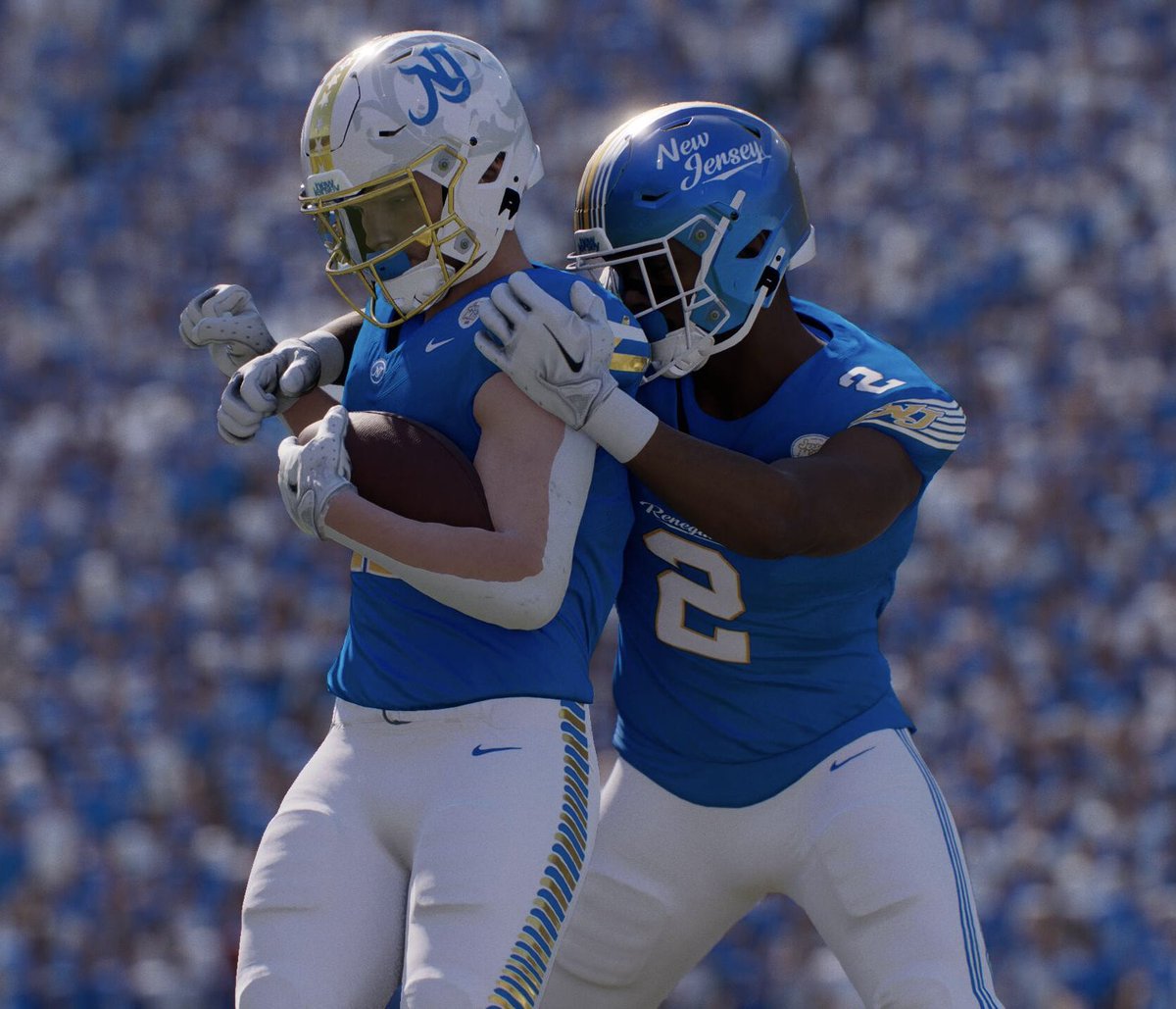 Aiizuna's tweet photo. NEW JERSEY RENEGADES IS OUT🗣️

Made using the New Jersey Flag Colors and elements!😮‍💨

The Classic “New Jersey” on the helmet is just🔥

Username:ClassicMBA

#teambuilder #cfb27 #collegefootball27 #ncaa27 https://t.co/435FpEgNW6