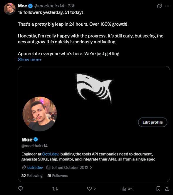 moekhairx14's tweet photo. 51 followers yesterday, 122 today!

More than doubled again! Honestly did not expect this kind of growth

Really cool seeing founders and builders show up here and connect with what I’m building, I appreciate all of you

If you’re building something too, let’s #connect https://t.co/ICwYwlDnwj
