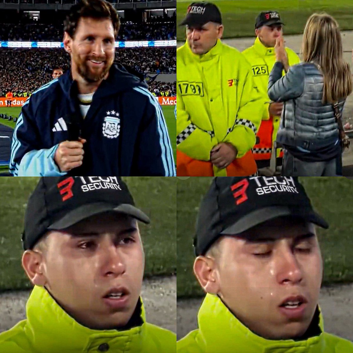 Juezcentral's tweet photo. Mientras hablaba Messi, un hincha grabó a un guardia de seguridad que no podía contener las lágrimas con el discurso de Lionel.

El tipo siguió cumpliendo su labor, haciendo su trabajo sin nunca perder de vista la tribuna, pero viviendo el momento como un argentino más. Esto es amor, pero también profesionalismo. Crack total🫶
