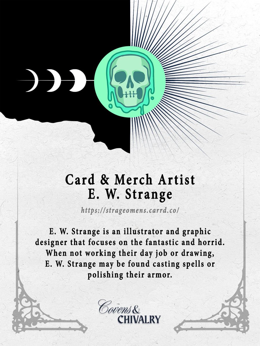 covensnchivalry's tweet photo. 🖤 CONTRIBUTOR SPOTLIGHT 🖤  

E. W. Strange  
Artist
@strangeomens

Keep an eye out for more creators behind the deck! 

#witches #knights #tarot #tarotcards #tarotproject #originalcharacters #zine #tarotcard #medieval #medievalfantasy #creative #creation #team #spotlight https://t.co/6nyjqNhVPP