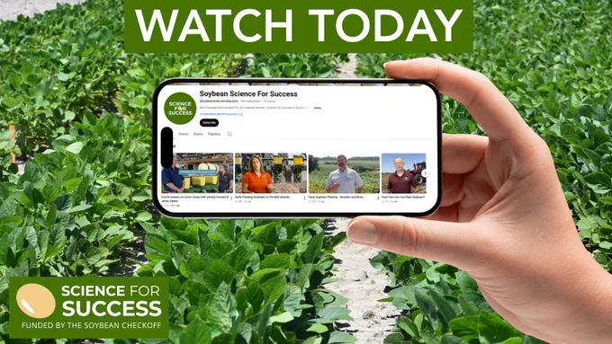 A graphic promoting the Science for Success YouTube channel saying, "Watch Today". A phone is being held up over a soybean field with the S4S YouTube homepage. 