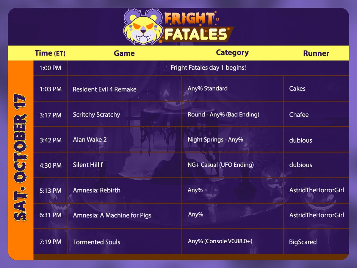 GamesDoneQuick's tweet photo. Fright Fatales is making a terrifying return on October 17th and 18th! 🎃

Check out the schedule and get ready for a horror filled weekend alongside Frame Fatales! https://t.co/h0K6H6w3i6