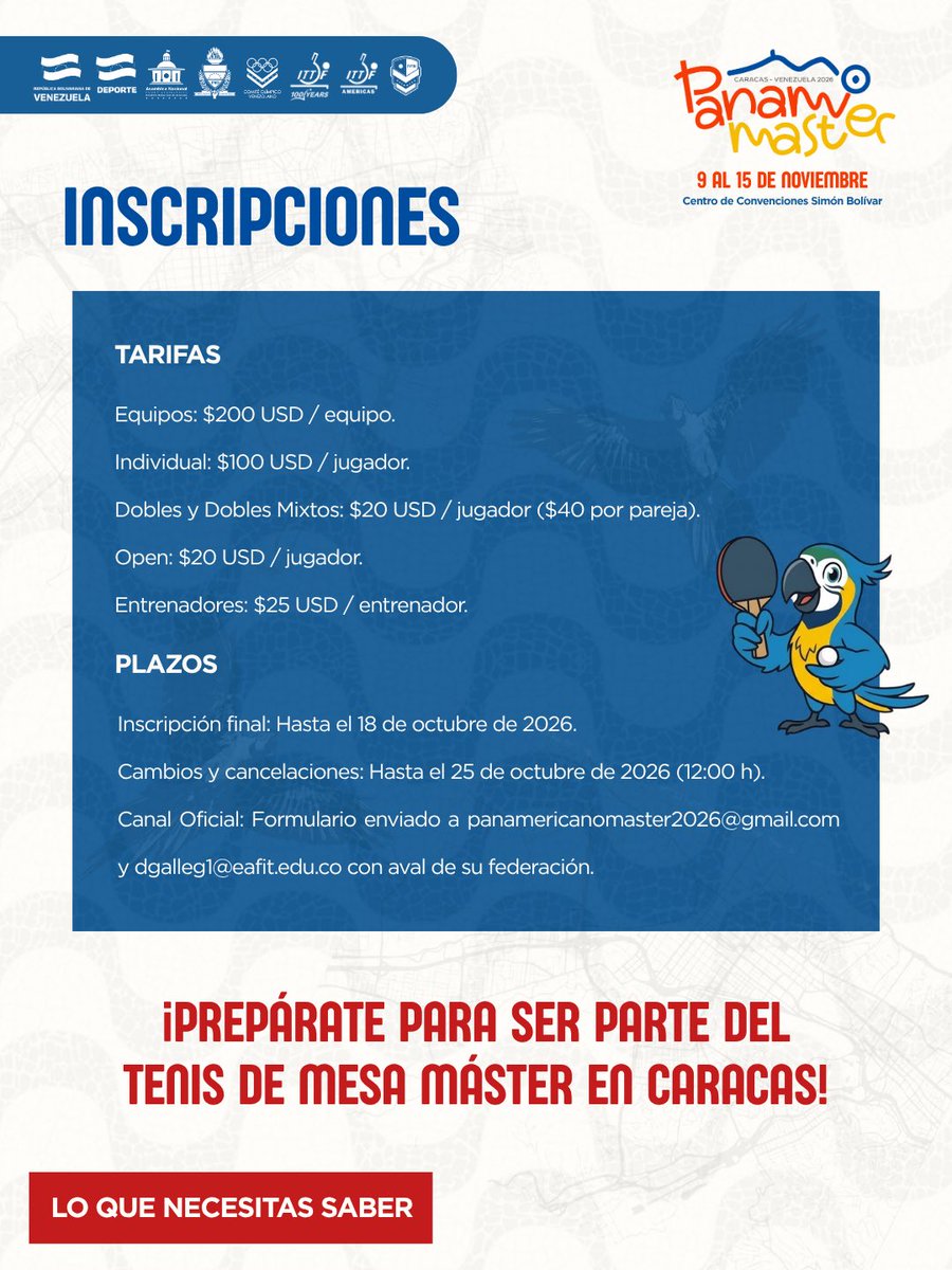 ITTFAmericas's tweet photo. 📌 ¡Todo lo que necesitas saber para inscribirte al Panam Master Venezuela 2026! 🇻🇪

Caracas te espera para vivir una verdadera fiesta continental. 

Antes de inscribirte, ten en cuenta la info mencionada en las gráficas. 

📅 9- 15 de NOV
📍Centro de Convenciones Simón Bolivar https://t.co/4Huip1vxjR