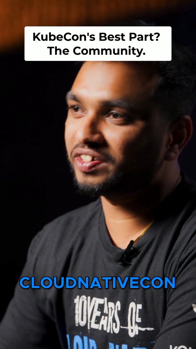 A photo of a man with a beard wearing a black t-shirt with '10 YEARS OF' text, overlaid with the caption 'KubeCon's Best Part? The Community.' and the 'CLOUDNATIVECON' logo.