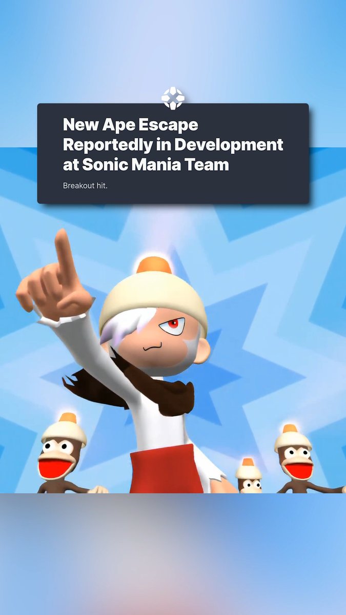 The promotional image features characters from the Ape Escape video game series, with a central monkey character pointing upward, accompanied by smaller monkeys wearing the iconic white helmets. A headline overlay reads "New Ape Escape Reportedly in Development at Sonic Mania Team" with the subtitle "Breakout hit," suggesting a potential revival of the franchise. The post's caption about an "Ape Escape comeback incoming" aligns with the image's theme of a new game being developed by the team behind Sonic Mania.