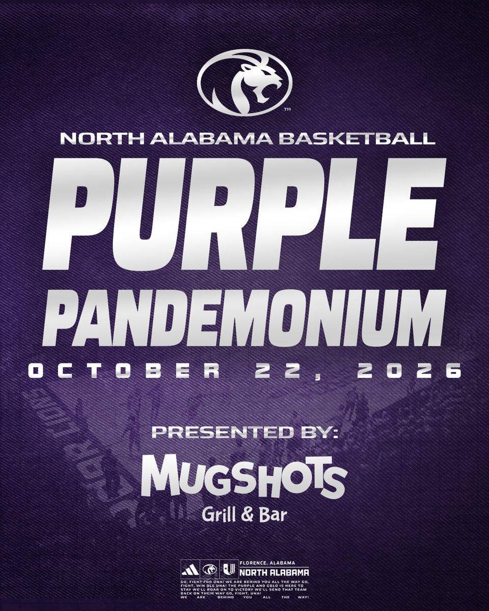 UNAAthletics's tweet photo. Save the Date 🦁

Purple Pandemonium and Homecoming Pep Rally coming October 22nd at 6pm!

Presented by Mugshots Grill and Bar in Florence! https://t.co/qxeZqgJaEj