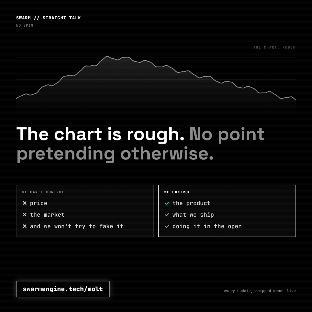 SWARM_ENGINE's tweet photo. The chart is rough, no point pretending otherwise.
We can't control price, and we won't try to fake it.
What we control is the product, and we keep shipping it in the open. 🕷

Next up: Holder Pass. Hold $SWARM, sign once, get higher limits, priority scans and early beta access.
Free stays free. Shipping soon. 🕷