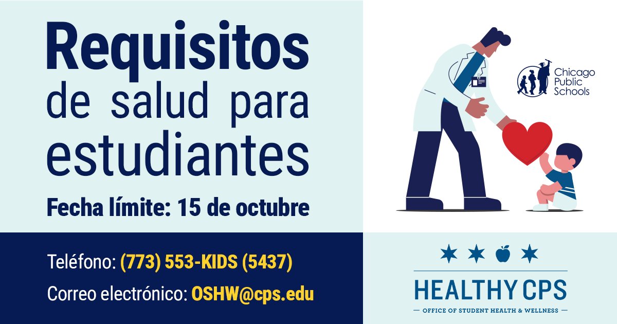 ChiPubSchools's tweet photo. Make sure your students are up-to-date on their health requirements that are due by October 15th. Call the Healthy CPS Hotline at (773) 553-KIDS (5437) or visit https://t.co/3nrvuVbTur to learn more.
__
Asegúrese de que sus estudiantes estén saludables y al día con sus requisitos de salud antes del 15 de octubre. Llame a la línea directa Healthy CPS al (773)553-KIDS (5437) o visite https://t.co/3nrvuVbTur para aprender más.
