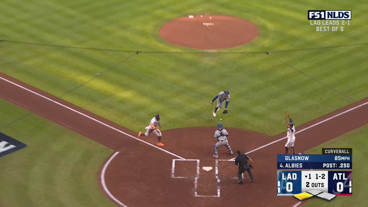 A baseball play unfolds at home plate during an NLDS Game 4 broadcast on FS1, with the Dodgers (LAD) and Braves (ATL) tied 0-0 in the bottom of the 1st inning, 2 outs, and a 1-2 count on Albies facing an 85 MPH curveball from Glasnow. The scoreboard graphic reflects Michael Harris II and the Braves' early scoring opportunities as the Dodgers lead the series 2-1 in this best-of-5 matchup.