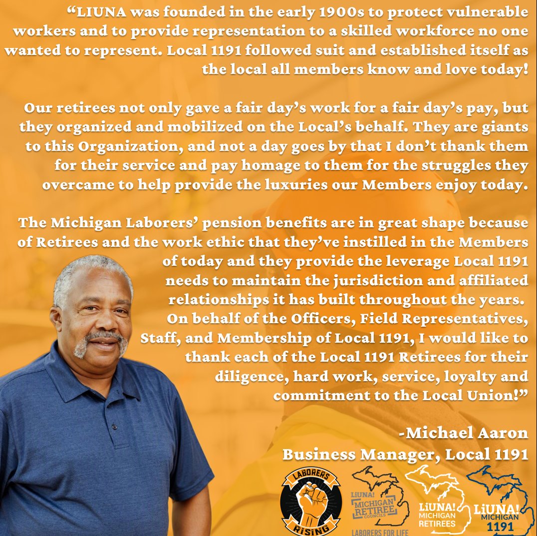MiLaborers's tweet photo. Day 6 of the #LaborersForLife Tribute Week starts NOW!
To kick off our day Laborers' Local 1191 Business Manager Michael Aaron wanted to share his gratitude towards our retirees, for all of their work that made LIUNA what it is today, AND the value they still bring to our #Union when they stay involved!
#FeelThePower #LaborersRising