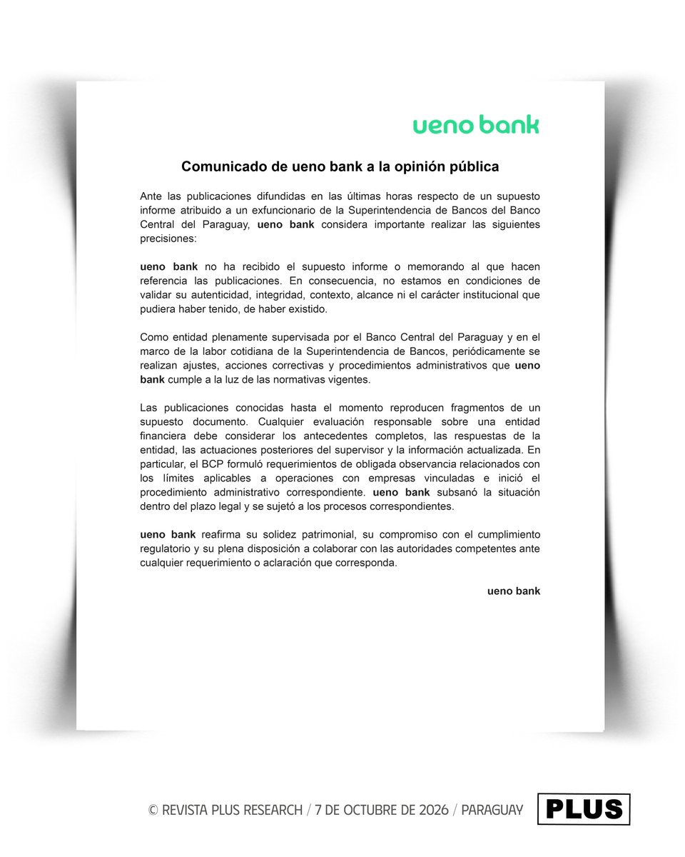 RevistaPLUSPY's tweet photo. 🏛️ El BCP señaló además que mantiene su compromiso con la transparencia y la rendición de cuentas, aunque remarcó que continuará ejerciendo las atribuciones establecidas en su Carta Orgánica con independencia técnica y autonomía institucional, con responsabilidad sobre la estabilidad monetaria y financiera y el funcionamiento del sistema financiero.

📌 Leé la nota completa acá
https://t.co/WCZDlmR73Z