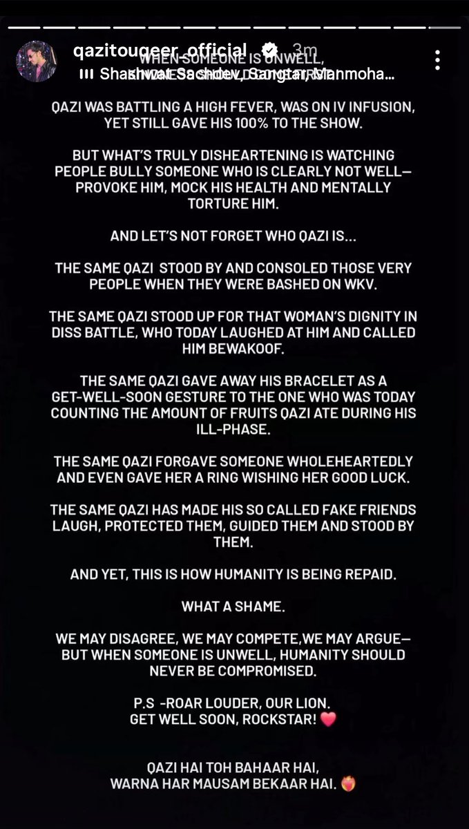 tedhibaat1's tweet photo. If #QaziTouqeer doesn't get justice and it is not discussed in WKV, he should completely stop giving content2the show

​The makers deserve the WORST

​Finally, his team took a strong stand against bullying when he is not well

Imagine how stressed his family must be
​#BiggBoss20 https://t.co/PcFoELMB3t