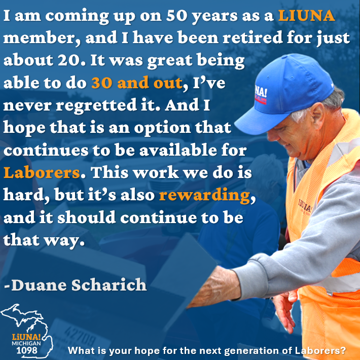 MiLaborers's tweet photo. Our second feature today for #LaborersForLife Tribute Week is Laborers Local 1098 retiree, Duane Scharich. Duane's story of starting out non-union and then discovering LIUNA is all too common, but we're glad he came to us and had the opportunity to work and retired at a young age, with dignity and benefits.
#FeelThePower #LaborersRising #OurUnionStories