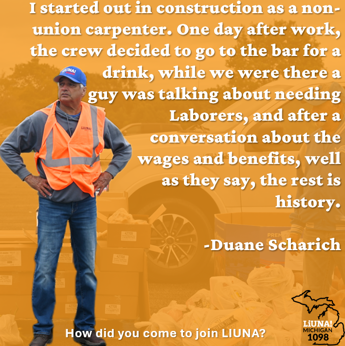 MiLaborers's tweet photo. Our second feature today for #LaborersForLife Tribute Week is Laborers Local 1098 retiree, Duane Scharich. Duane's story of starting out non-union and then discovering LIUNA is all too common, but we're glad he came to us and had the opportunity to work and retired at a young age, with dignity and benefits.
#FeelThePower #LaborersRising #OurUnionStories
