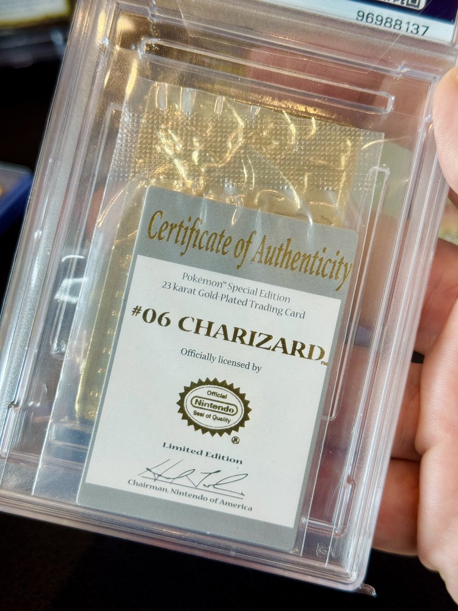 urbanmedium's tweet photo. With all these vintage alt-Pokémon cards pumping, when does the 1999 Burger King “23k Gold” Charizard get its due? PSA literally had to design a custom slab for it, and after the holder scratched the other character cards, they stopped grading the rest. PSA 10 pop: 0. 👑 https://t.co/CdG2xLUvY9