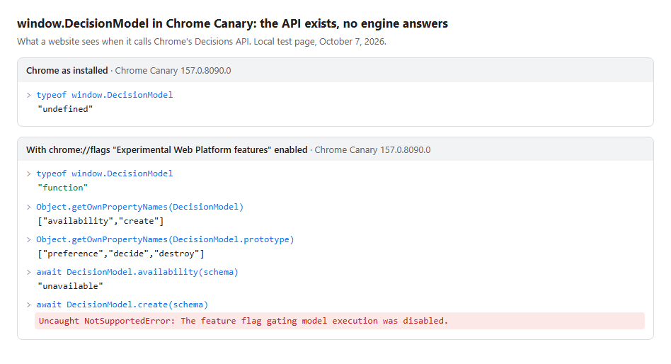 5eg's tweet photo. Google quietly added a Decisions API to Chrome's codebase 👀

We reconstructed and tested it:

🔹 EmbeddingGemma: 38% accuracy
🔹 Laya: 64%
🔹 Gemma 4: 85%
On-device intent detection, free inference... and potential implications for advertising.
👇

https://t.co/ReSiFt1aWk https://t.co/XRkb3pCrgW