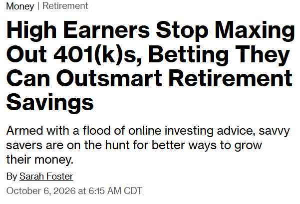 Barchart's tweet photo. High Earners have apparently stopped maxing out their 401(k) accounts, thinking they can do better on their own by following "online advice" 🚨 What could go wrong? https://t.co/Z3hkqFgOQe