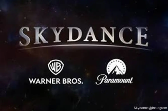 A promotional graphic displays the 'SKYDANCE' logo at the top with the 'WARNER BROS.' shield logo and 'Paramount' mountain logo below, set against a starry space background with 'Skydance@Instagram' in the corner.