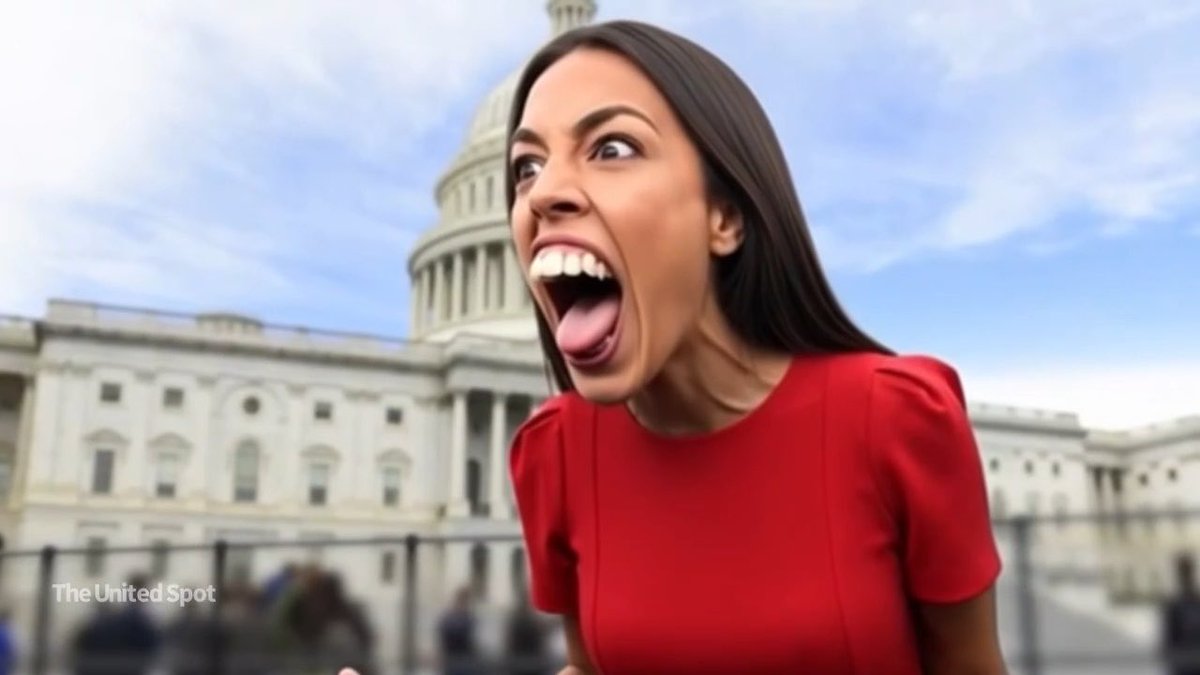 An AI-generated image of a woman in a red dress with an exaggerated screaming face, set against the backdrop of the US Capitol building, watermarked "The United Spot."