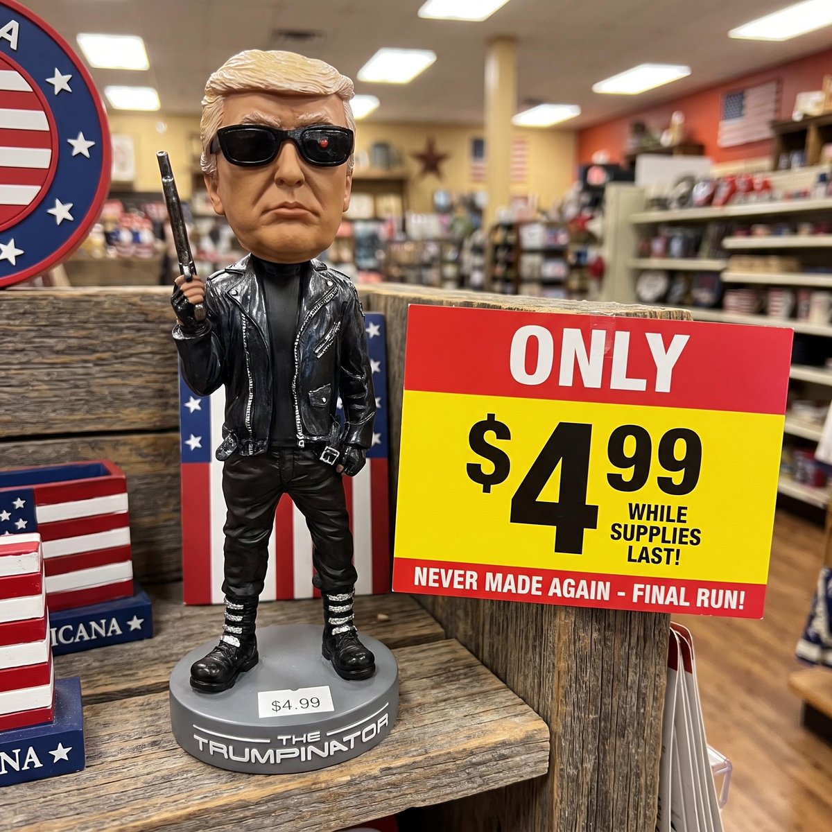 ProudPatriots1's tweet photo. Flash Sale! The Trumpinator Bobblehead is only $4.99 for a limited time at Proud Patriots.