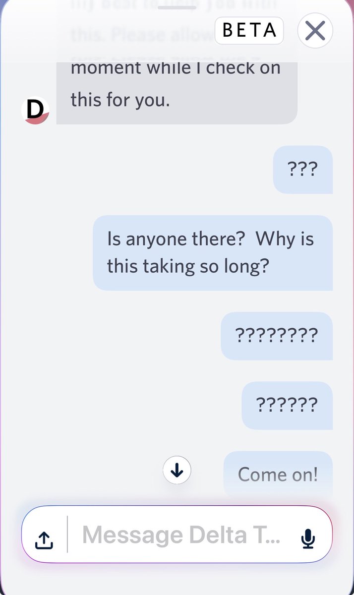 ProfilingEvil's tweet photo. @Delta tanks on chat customer service.  Been waiting nearly an hour. Bigger, not better. https://t.co/IyAno8iIdd