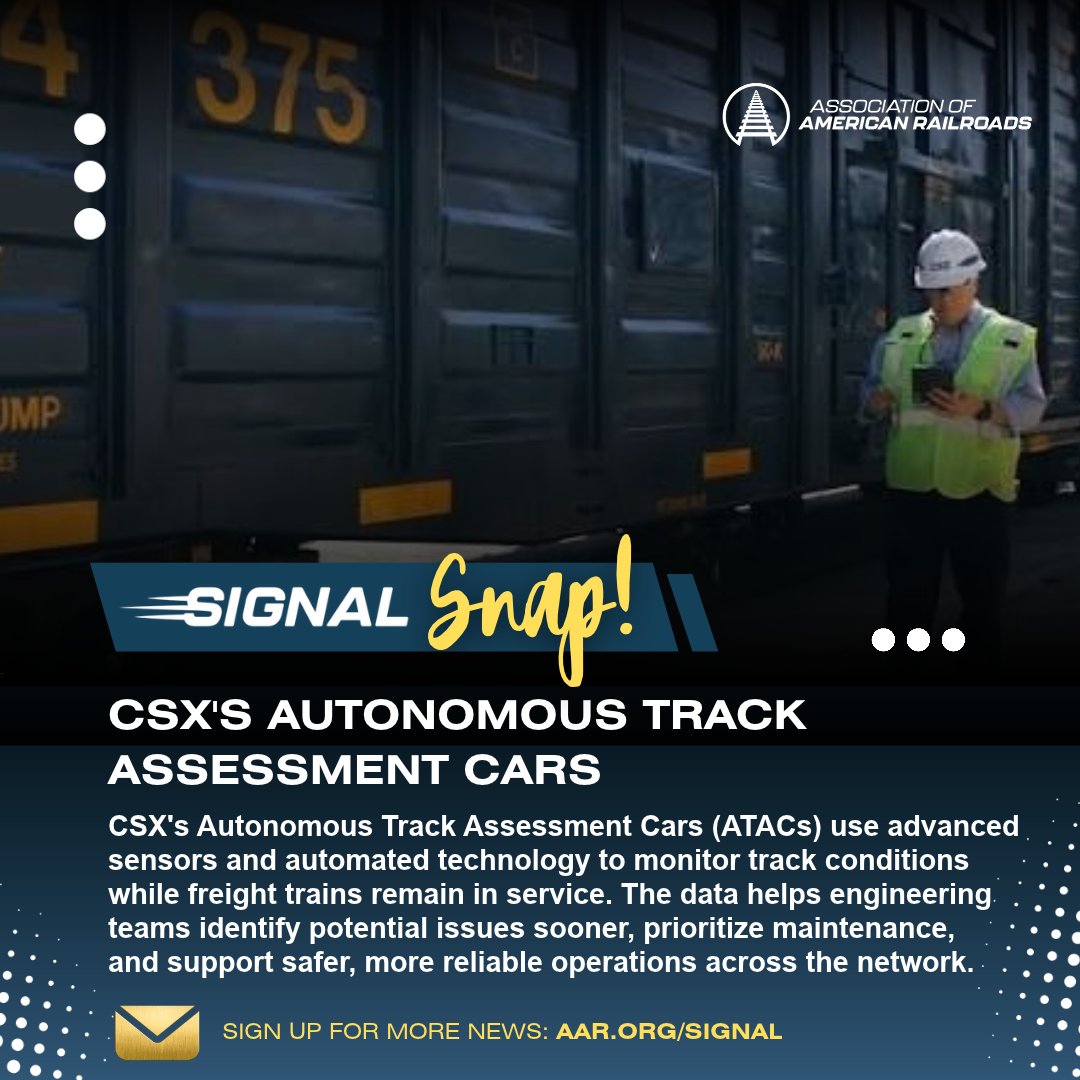 AAR_FreightRail's tweet photo. @CSX's Autonomous Track Assessment Cars use advanced sensors to monitor track conditions while trains are moving, helping teams identify issues sooner and support proactive maintenance. Read Edition #201 of The Signal. Link in comments. https://t.co/hEIL1Ffb8h