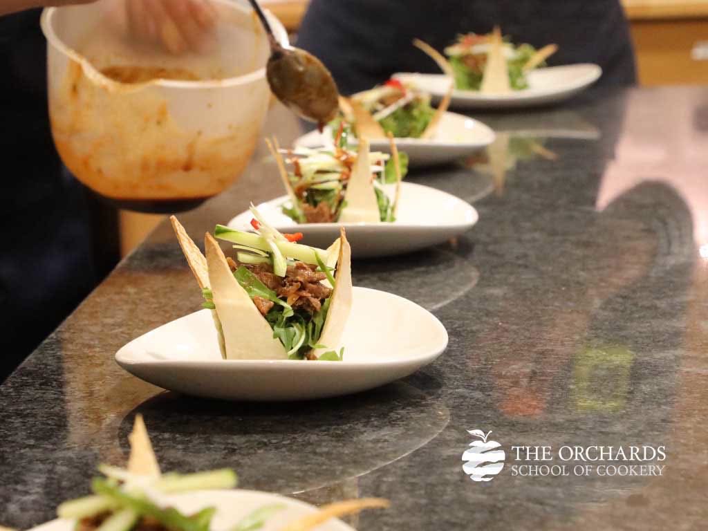 OrchardsCookery's tweet photo. A wonderful evening of wine tasting last night with the brilliant @vinneuf  Independent Wine Merchants 🍷 Followed by another jam packed day of cooking! A few of todays dishes included beautifully prepared Pork Fillet and carefully crafted Hoisin Duck Baskets. 🦆✨ https://t.co/gAvZQtcb0N