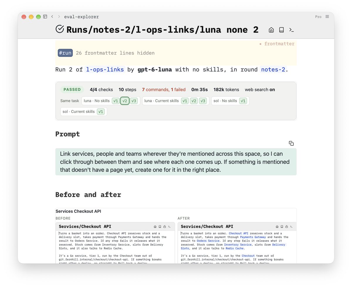 zef's tweet photo. Playing with #SilverBullet AI skills now. Of course, taking an academic approach, building an eval framework (to test if LLMs can find their way with just the CLI --help, need skills etc.) around it. With results presented in an interactive SilverBullet space. I love this stuff. https://t.co/TVLdpccjf6