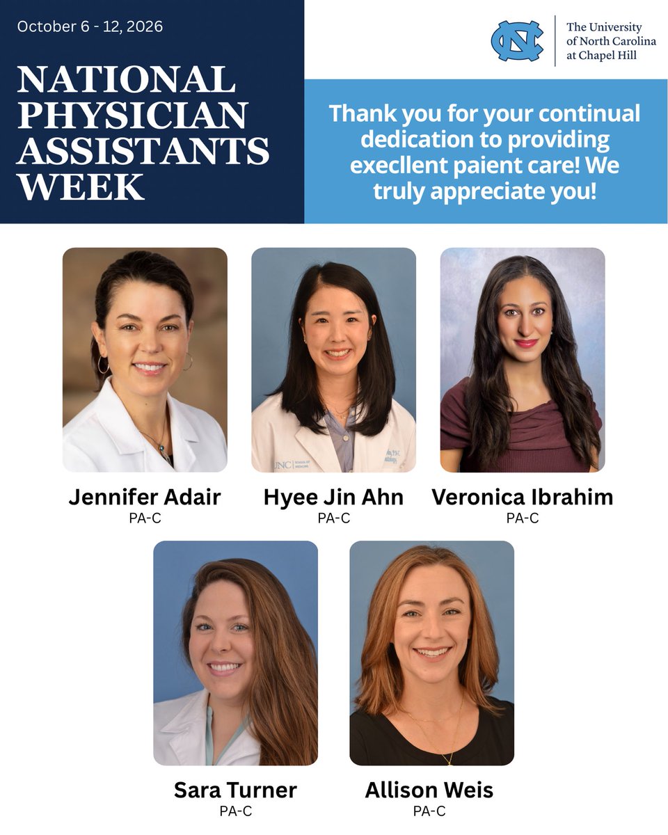 UNC_DERM's tweet photo. This National PA week we would like to highlight our departments PAs for work they do, but we are grateful every week for the compassionate and effective care they provide to all patients at UNC Dermatology. 

Thank you for all you do! 🩵 #PAWeek https://t.co/nhKCZpCxWj
