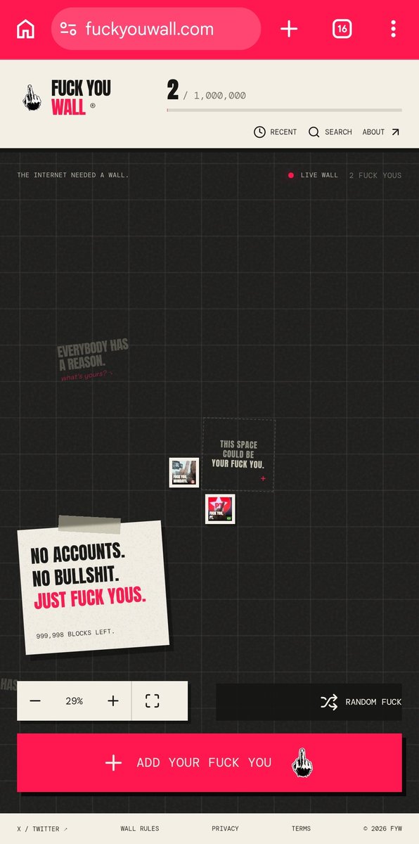 ggsofthouse's tweet photo. I created the "fuck you" wall - 1 million spaces, no registration required, free - an uncensored place to tell anyone, anywhere, everyone you want to fuck you.

You can check it out at - https://t.co/tFCeiQeksq https://t.co/6JBqrR3hTM