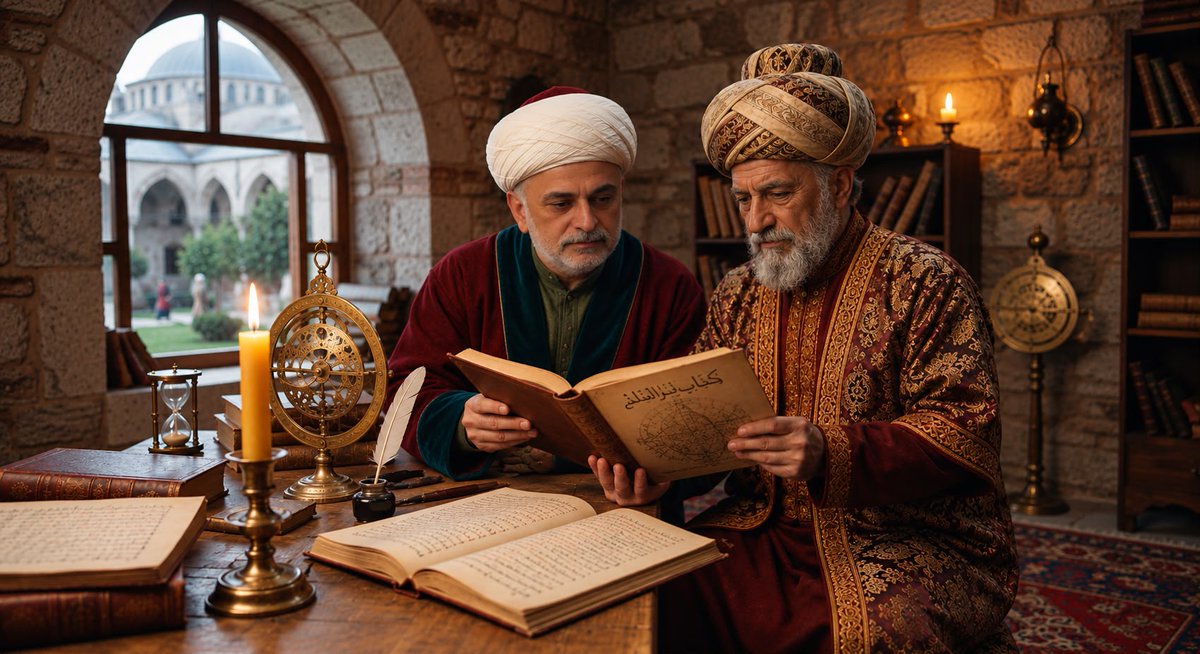 ihsanfazlioglu's tweet photo. Genç bir meslektaşımın
yapay zeka kullanarak
Semaniye Medresesi'nde fakirin,
Ali Kuşçu'dan Ömer Hayyâm'ın
Kitâb el-cebr ve el-mukâbele adlı eserini
mütalaa ederken oluşturduğu resim... https://t.co/p4bpk3v3lx