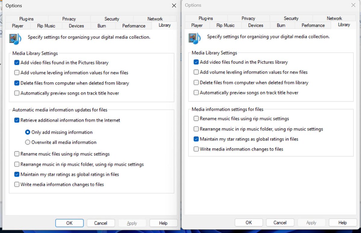 XenoPanther's tweet photo. Some Windows Media Player Legacy changes introduced in build 29683
The ability to find album info has been removed (Feature has been dead for ages) and as such, the copyright mention for Gracenote has been removed

Left is 29680, right is 29683 https://t.co/TmhxmyeCZA