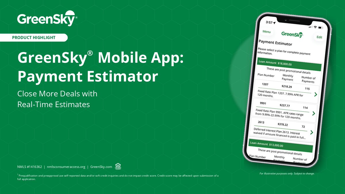GreenSkyProgram's tweet photo. The Payment Estimator in the GreenSky® Mobile App provides instant clarity for your Customers.

See estimated payments in real time and give your Customers the confidence they need to move forward with their projects. 

Learn more: https://t.co/ZzONCiodet

#GreenSkyFeatures https://t.co/1Rwy0GMsWp