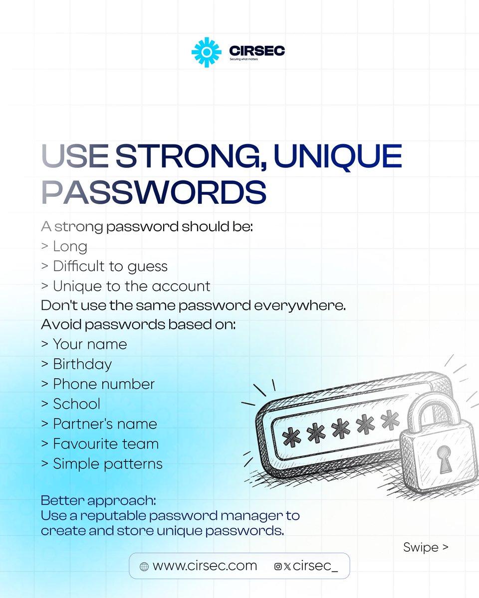 Cirsec_'s tweet photo. ๐ Your digital life is valuable. Protect it.
Strong, unique passwords.
MFA.
Never sharing your OTP.
Checking links before clicking.
Securing your WhatsApp & social media.
Small habits can make a big difference.
Swipe through ๐๐ฝ and Think. Check. Protect.
#CIRSEC #Cybersecurity https://t.co/4KziTabvee