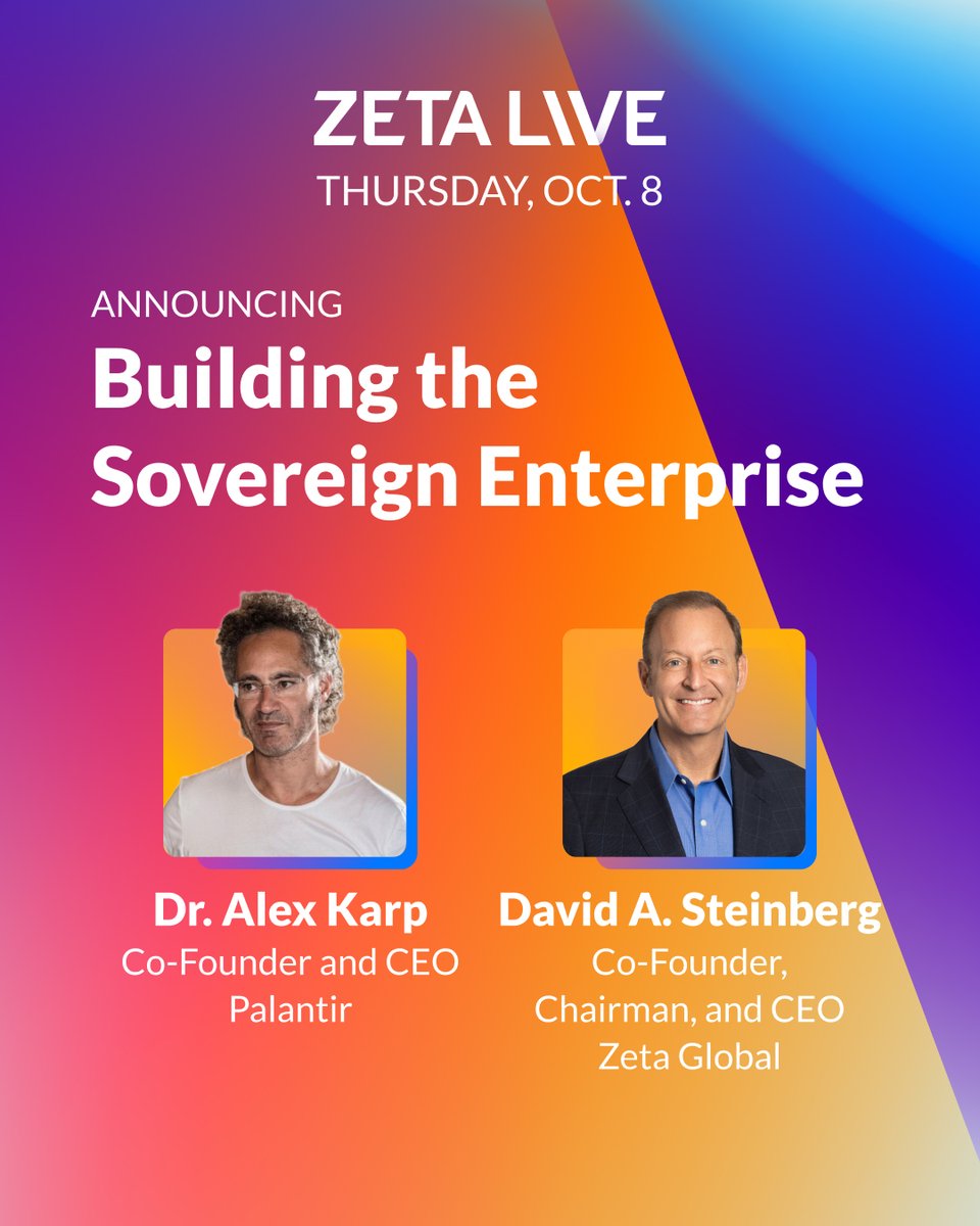 ZetaGlobal's tweet photo. We saved one of our biggest Zeta Live speaker announcements for last 👏

@PalantirTech CEO Alex Karp is joining @dsteinberg10000 on the Vision Stage to discuss what it takes to lead enterprises that can adapt, grow, and stay in control of their data and decisions in a rapidly changing world.

Plus, a deeper look at what Palantir and Zeta are building together and what the convergence of operational intelligence and customer intelligence means for the enterprise.

Join the waitlist: https://t.co/1i5ap25oYP
$ZETA #ZetaLive26