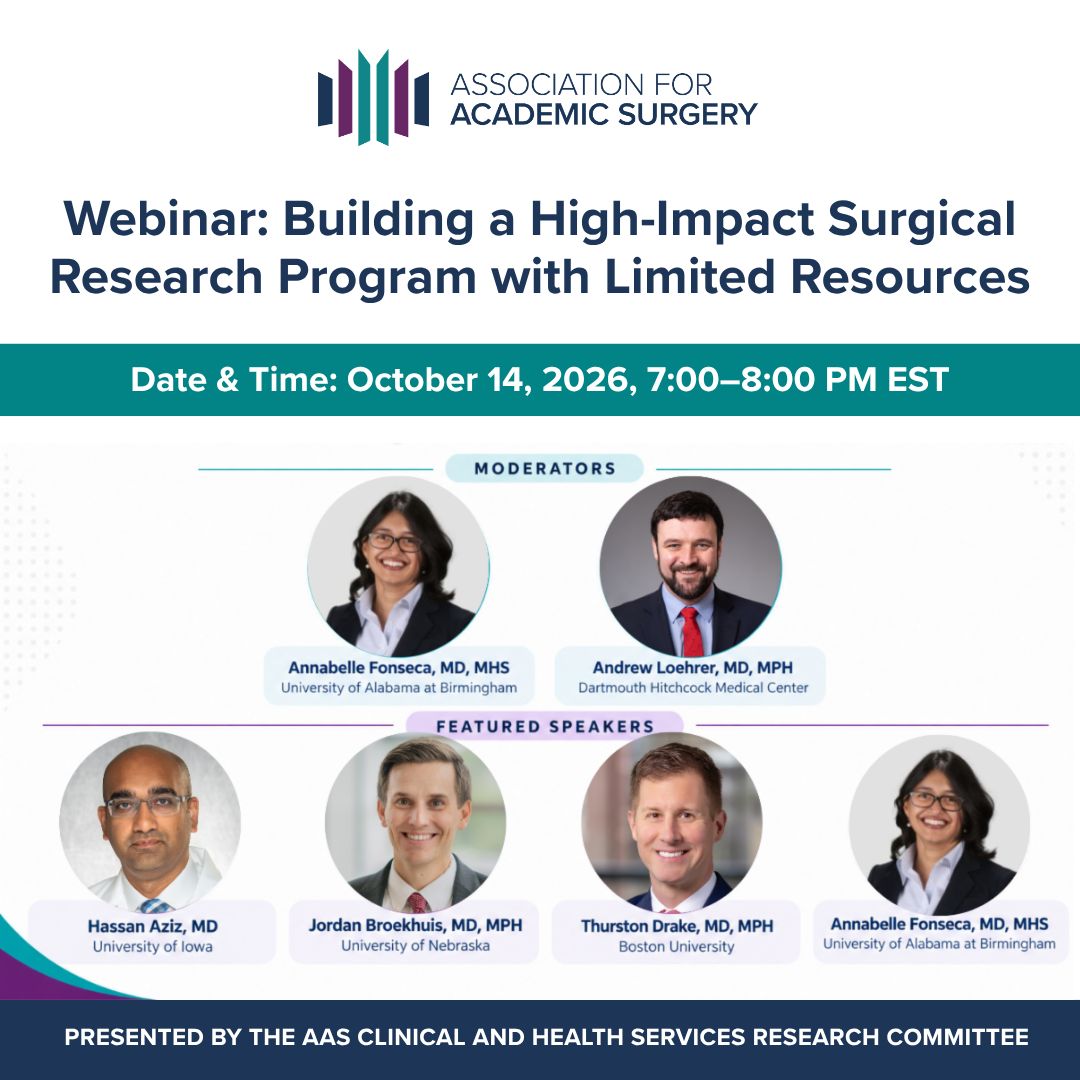 AcademicSurgery's tweet photo. Register today for the AAS webinar on October 14th: Building a High-Impact Surgical Research Program with Limited Resources.

Presented by the AAS Clinical and Health Services Research Committee, this one-hour session is designed for residents, fellows, and early to mid-career faculty who are building a research portfolio, working toward promotion, or positioning for external funding at any size institution.

📅 October 14, 2026 | 7:00–8:00 PM EST

Spots are free! Share this with a colleague or trainee who should join.

https://t.co/ZhOUyj2lIn