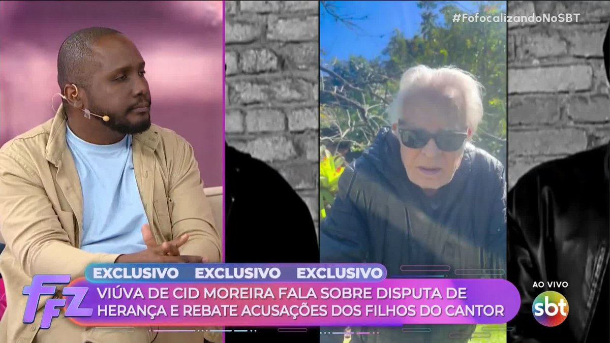 A split-screen broadcast from 'FofocalizandoNoSBT' showing a man on the left and an older woman with white hair and sunglasses outdoors on the right, with a banner reading 'EXCLUSIVO VIÚVA DE CID MOREIRA FALA SOBRE DISPUTA DE HERANÇA E REBATE ACUSAÇÕES DOS FILHOS DO CANTOR'.