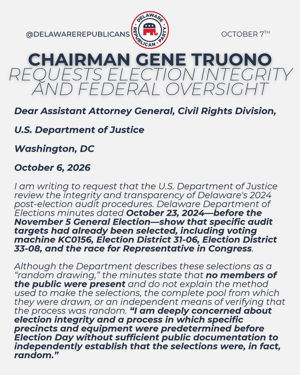DelawareGOP's tweet photo. A letter to @dojphofficial from Chairman Gene Truono regarding election integrity in Delaware... https://t.co/ZPuyJ2vv88