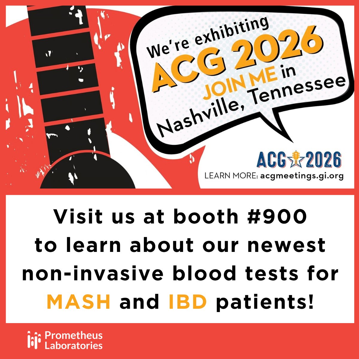 prometheuslab's tweet photo. Prometheus Laboratories is exhibiting at ACG 2026! Visit us at Booth 900 to learn about our newest non-invasive blood tests for MASH and IBD patients. We still have meeting times available – contact your local representative or send us a message here to get on our calendar.

#ACG2026 #Gastroenterology #MASH #MASLD #IBD #GI #Diagnostics